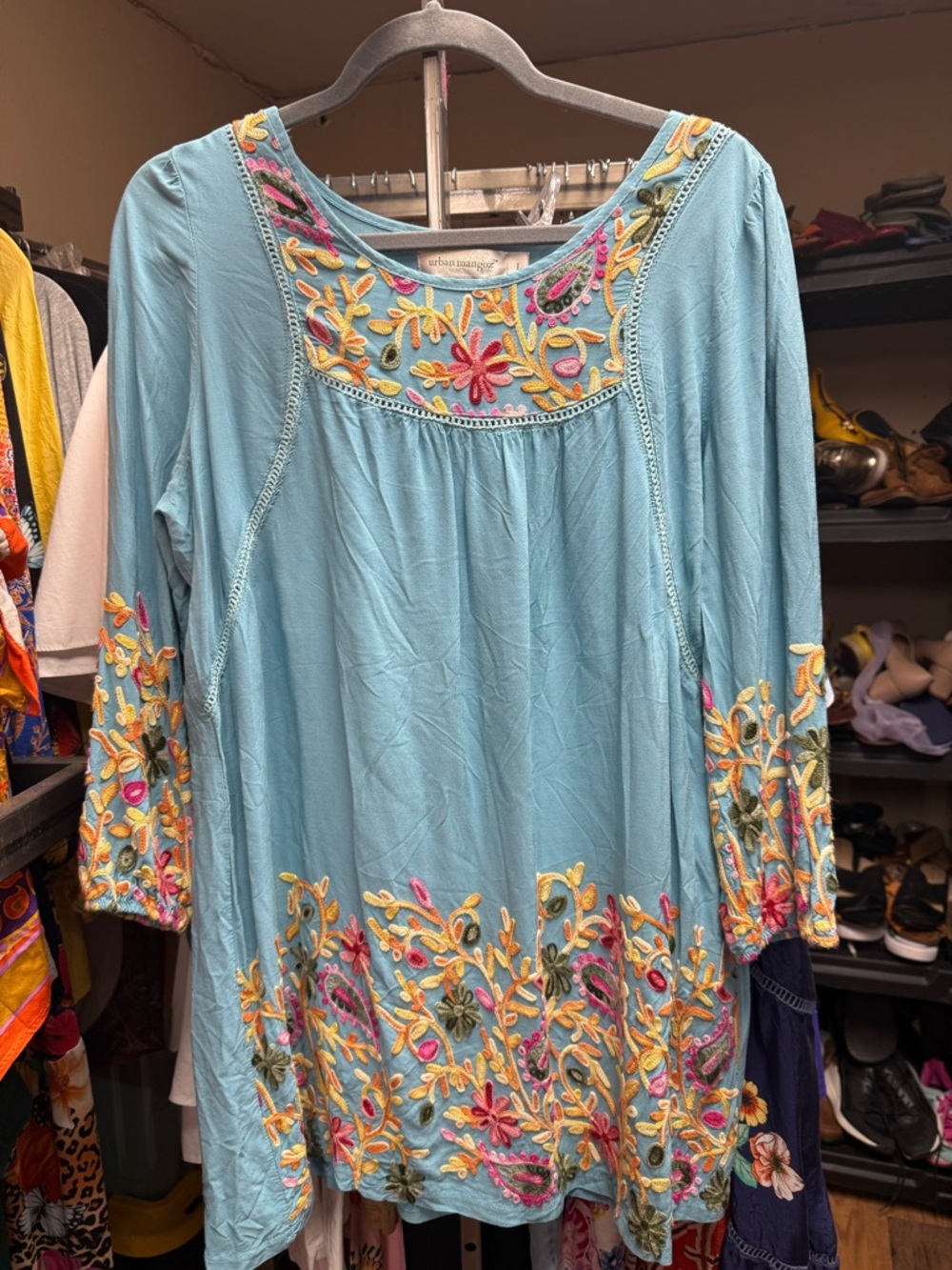 Embroidered Sky Blue Boho Tunic Top - Urban Expressions